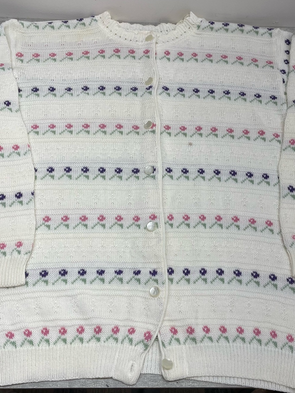Vintage cottagecore Avon Cream Knit Cardigan with Pink and Purple Floral Stripes - Picture 6 of 11